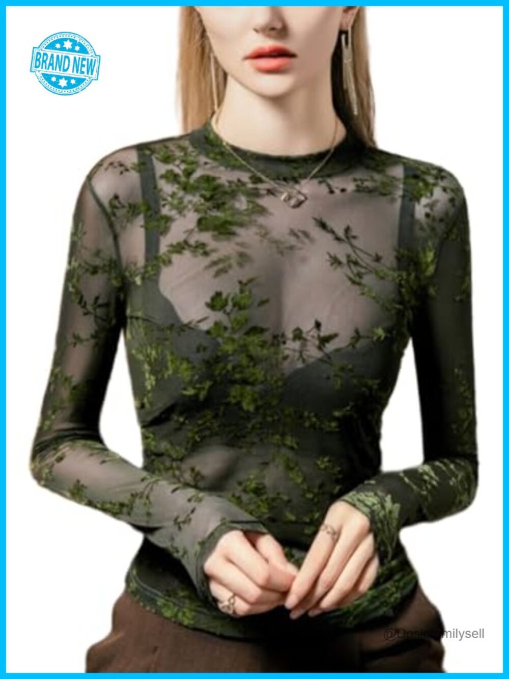 Sheer Mesh Long Sleeve Turtleneck Blouse Slim Fit Layering Top